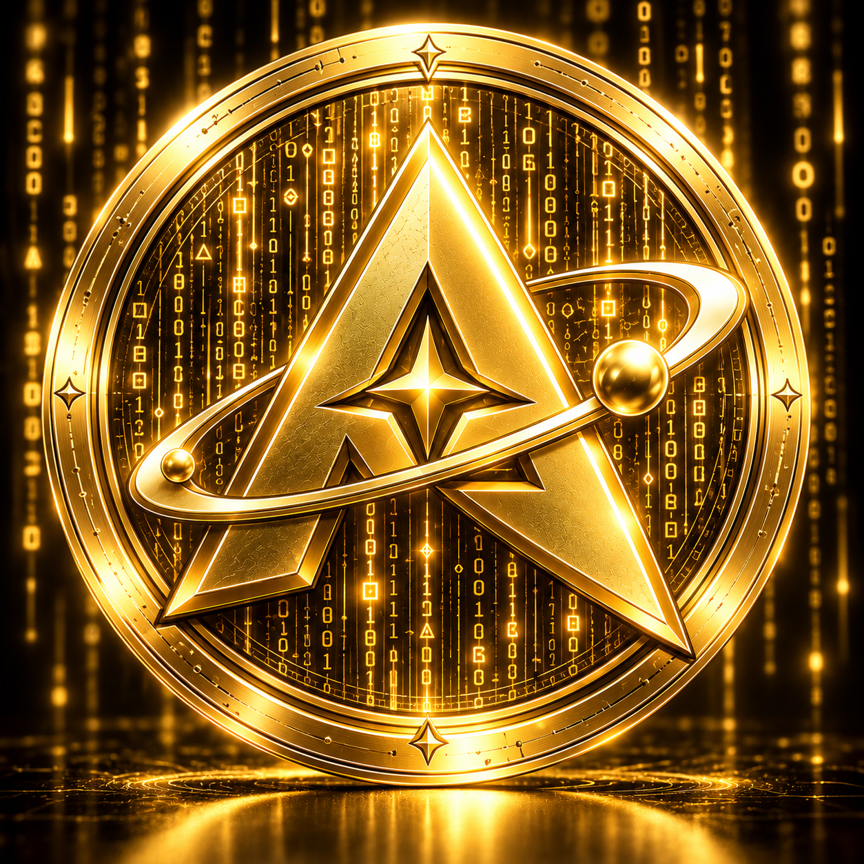 AsterNet gold A coin emblem with gold digital code