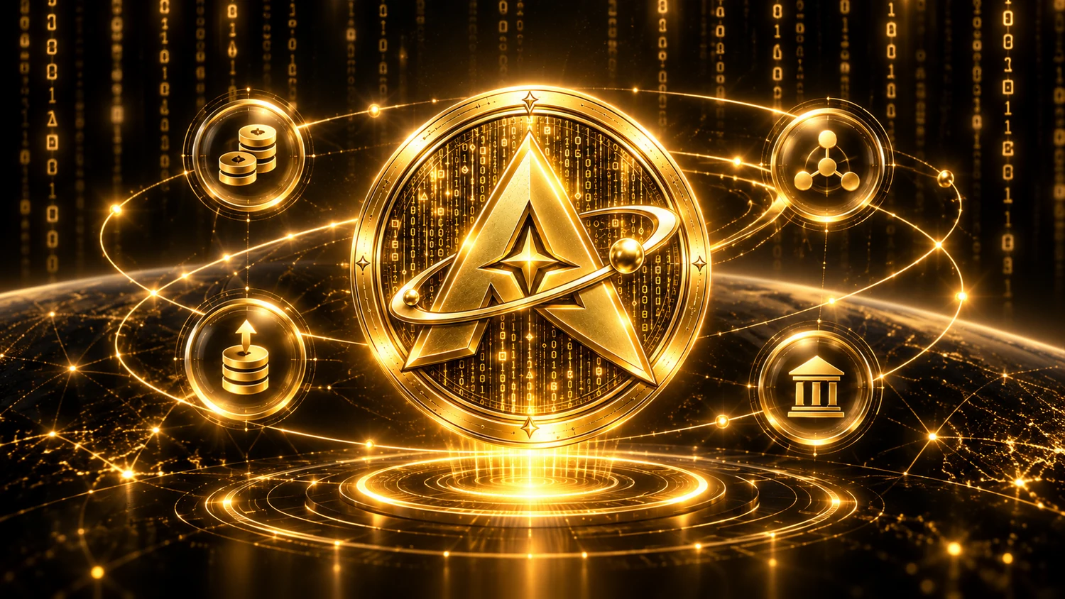 Gold AsterNet-style coin and connected utility symbols